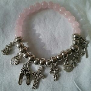 Pink Glass & Silvertone Bead and Charm Bracelet